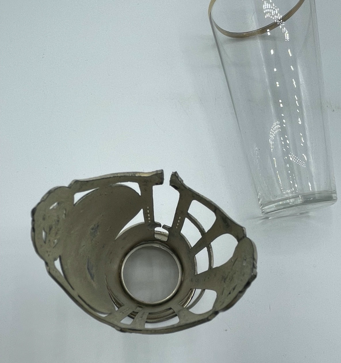 Antik Jugendstil Glas in versilberter Metall Montur mit Flötistin + Putte Engel8