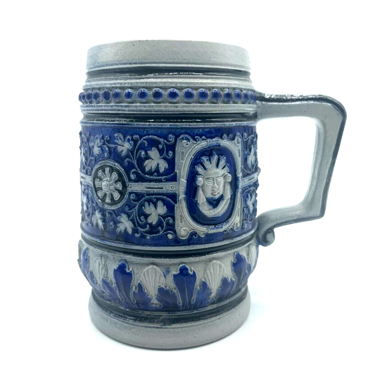 Alter Maskaron Steinzeug Henkelbecher Weinbecher  Becher 1/2 Ltr. um 1900 Prosit3