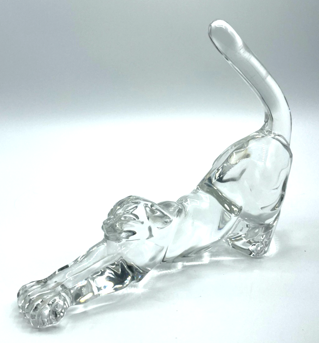 Gr. vintage Glaskunst Nachtmann Bleikristall liegende Katze Raubkatze L 22 cm0
