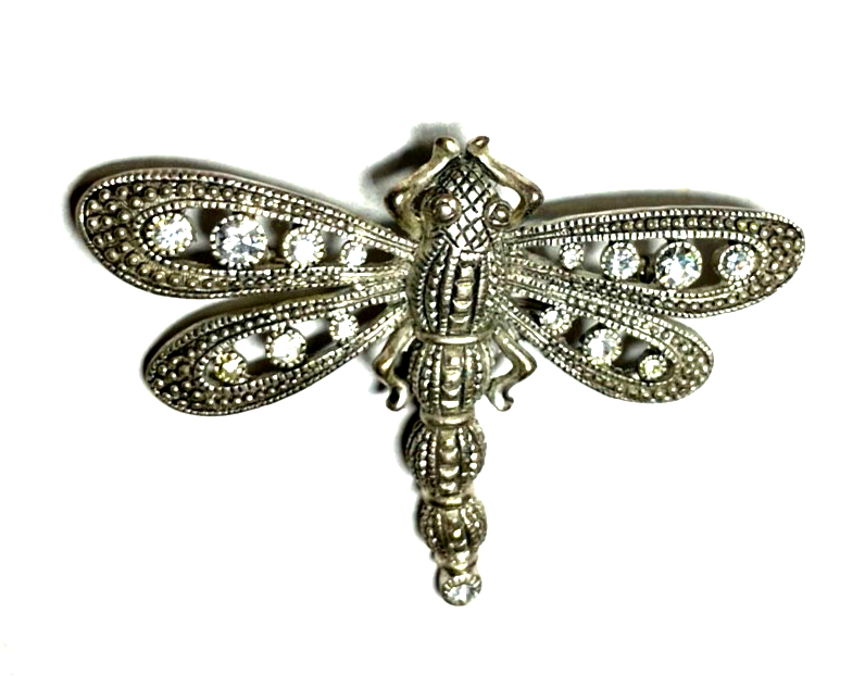 Vintage Modeschmuck Brosche große silberfarbige Libelle Dragonfly mit Strass4