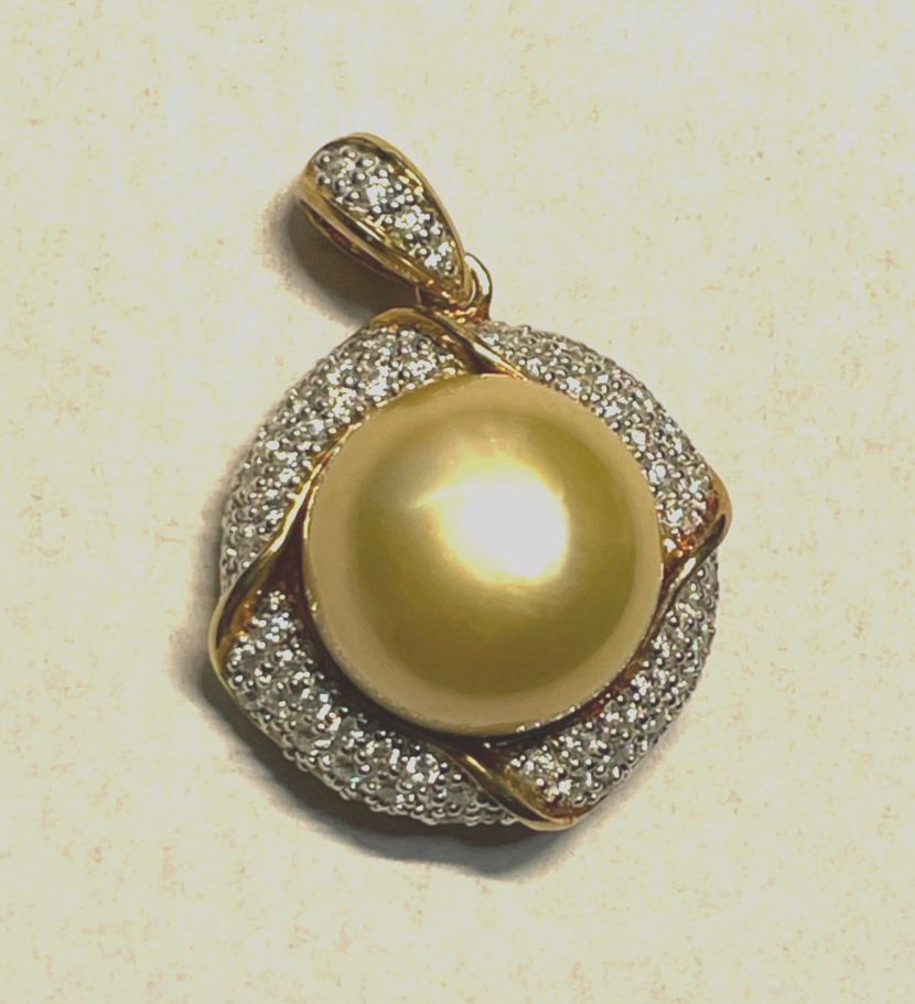 Elegant stattlicher 750 Gold 18 K Tahiti Perle Anhänger Ø 14 mm + Pavé Diamanten1