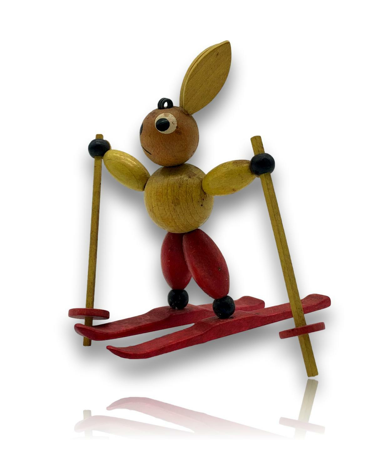 Erzgebirge Volkskunst Ski Hase - Holzschnitzerei - alte Figur beweglich0