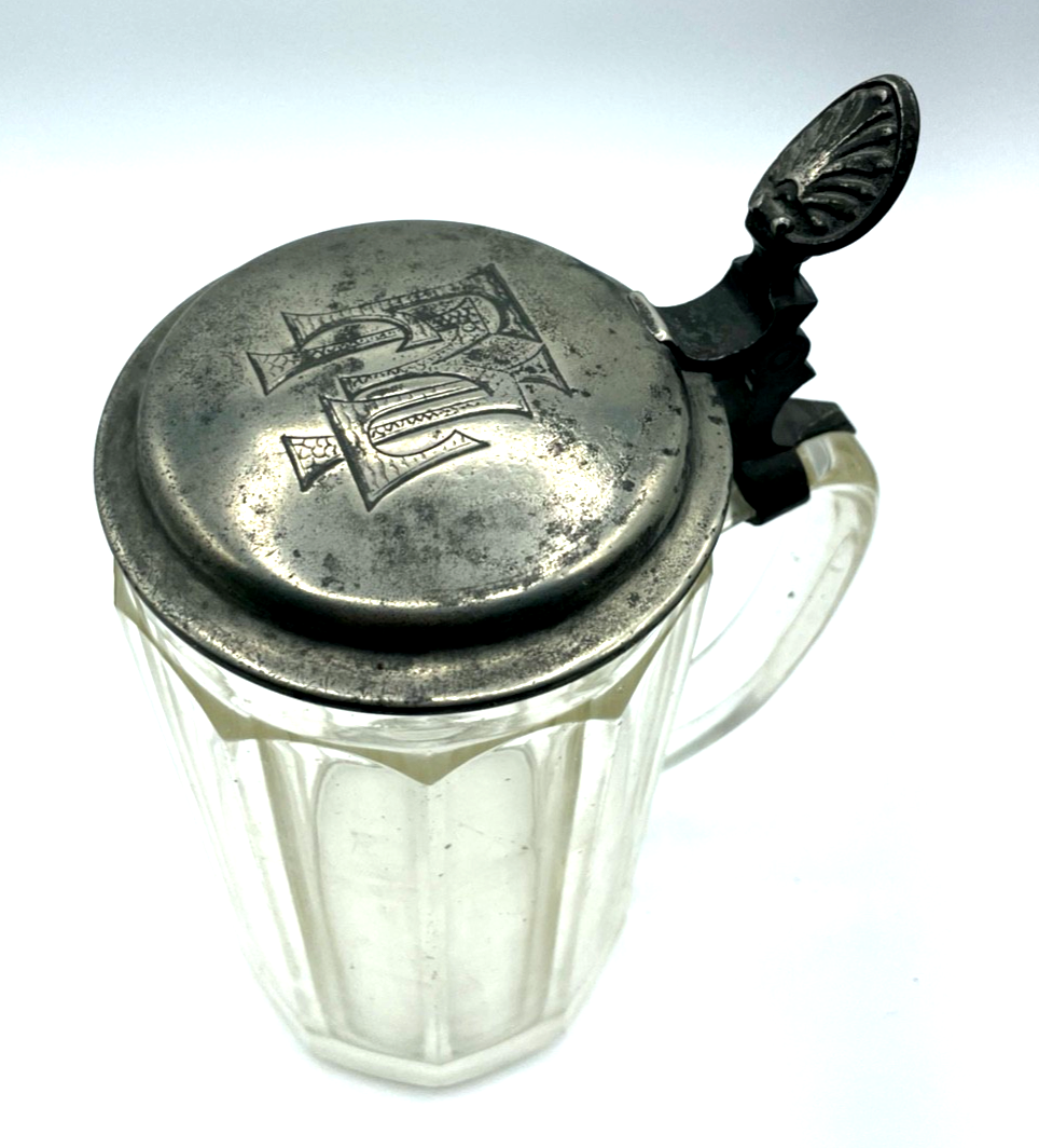 Antik dekorativ Pressglas Bierkrug 1 Liter mit Zinndeckel um 1900 Dachbodenfund2