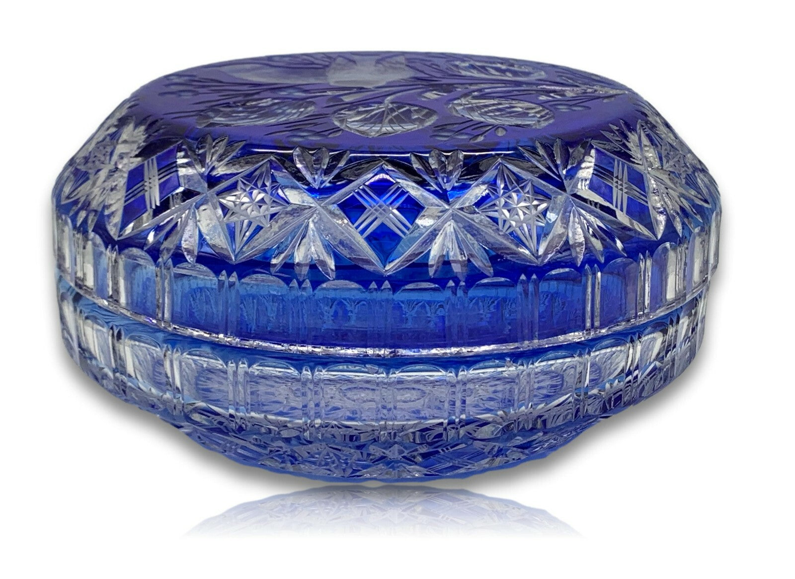 Bonboniere Deckeldose - Kristall Glas - Überfang Blau geschliffen 1