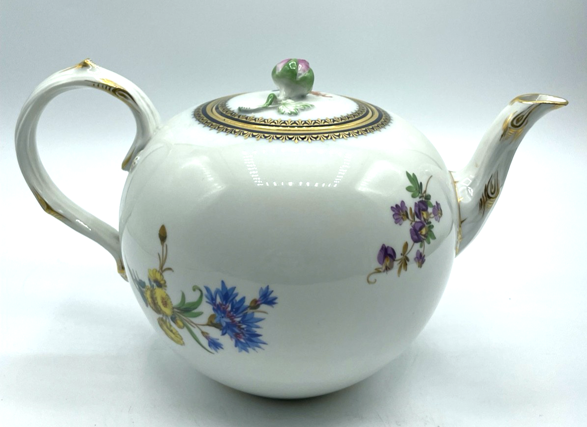 Antik Meissen Porzellan Teekanne 1. Wahl Blumenbukett Kobalt + Golddekor 1A Zust15