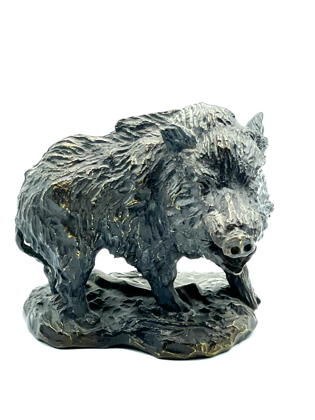 * Vintage Tierplastik Bronze Metallguß Wildsau Wildschwein Keiler Figur Patina11