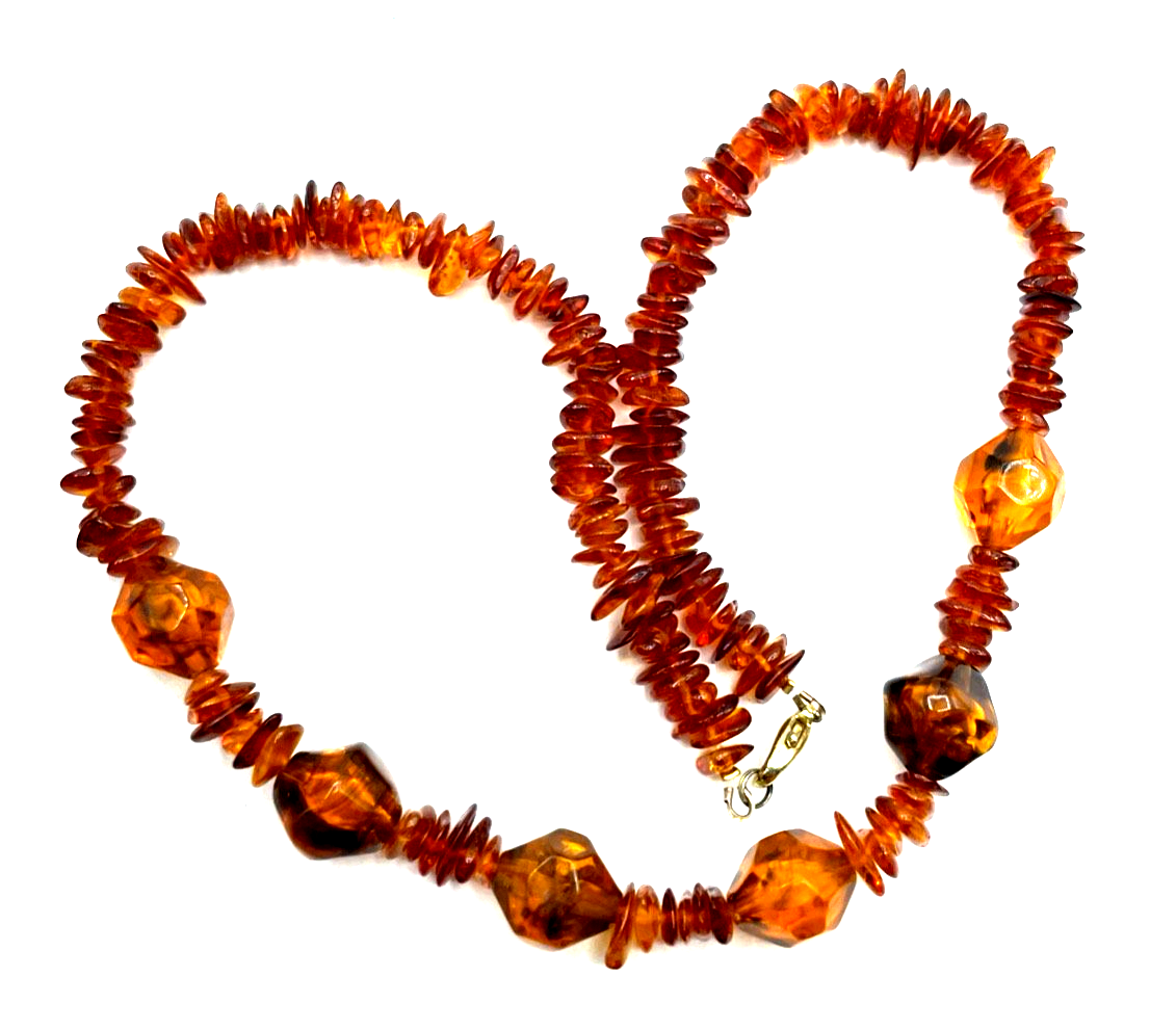 Vintage 51 cm lange Bernstein Kette interessantes Design Golddouble Karabiner0