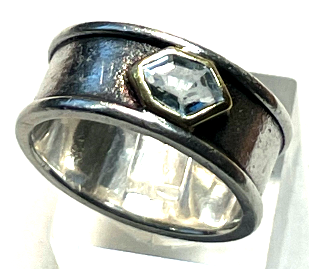 Solider 925 Silber Ring Designer Bandring mit Blautopas Handarbeit RG 55 Ø17,5mm2
