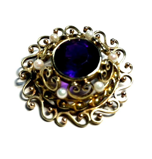 Edle 585 Gold 14 K Brosche mit 1 Amethyst + 6 kleine Orientperlen Juwelier gepfl5