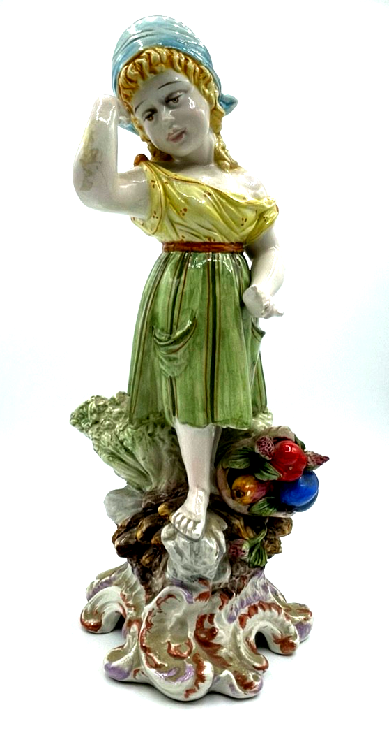 Antik große Porzellan Figur handbemalt aus Italien H 31,5 cm Mädchen Obstkorb13