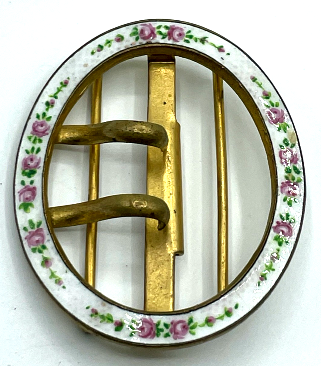 Antik Jugendstil ovale Gürtelschnalle Guilloche Rosen Emaille feuervergoldet6