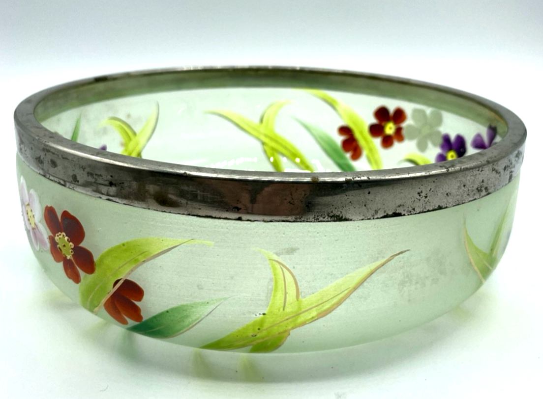 Jugendstil antik Glas Schüssel Anbieten Schale handbemalt Blumen Dekor3