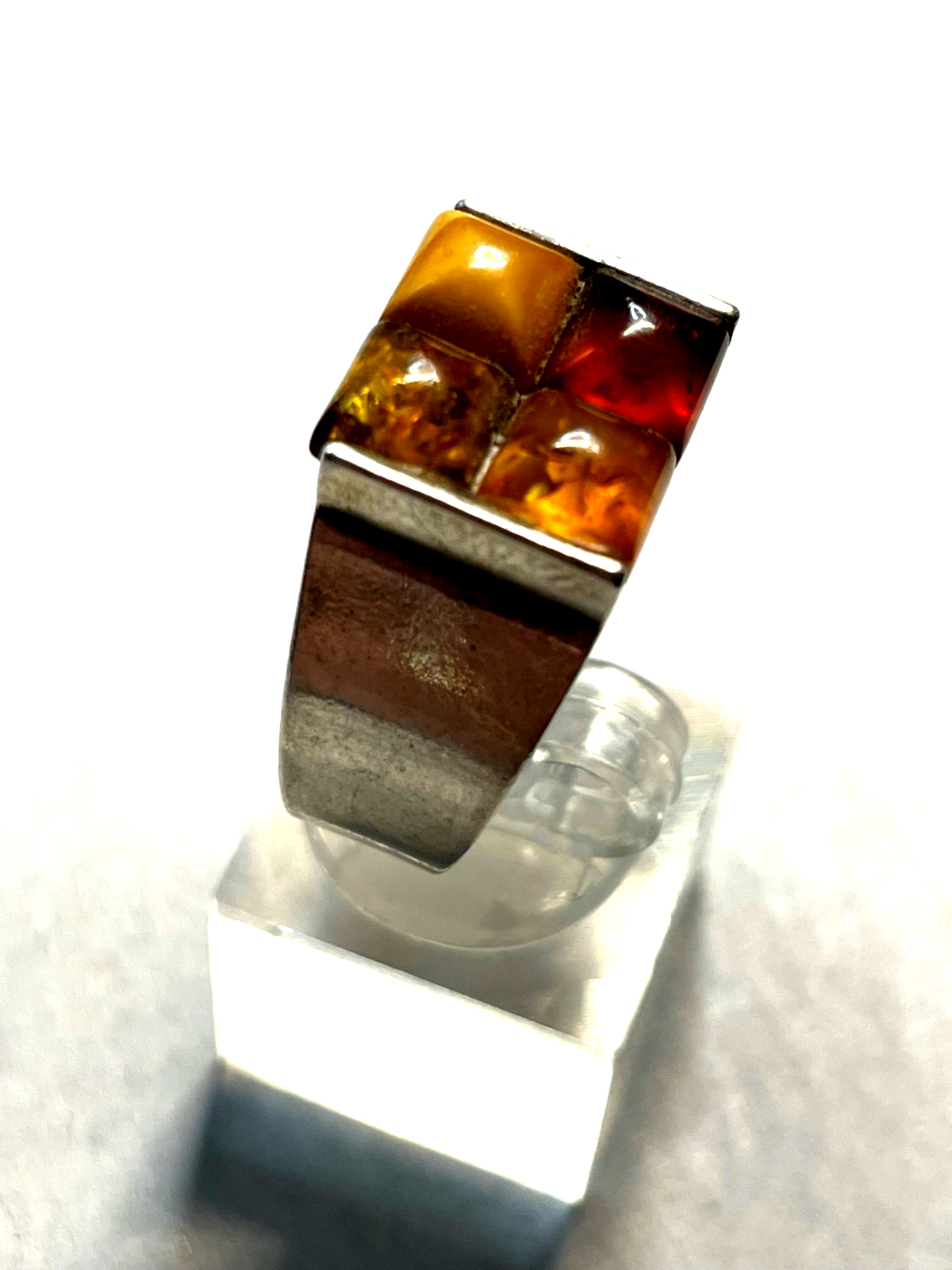 Aparter 925 Silber Ring Handarbeit 4 Bernstein Cabochon RG 65 Ø 20,6 unisex6