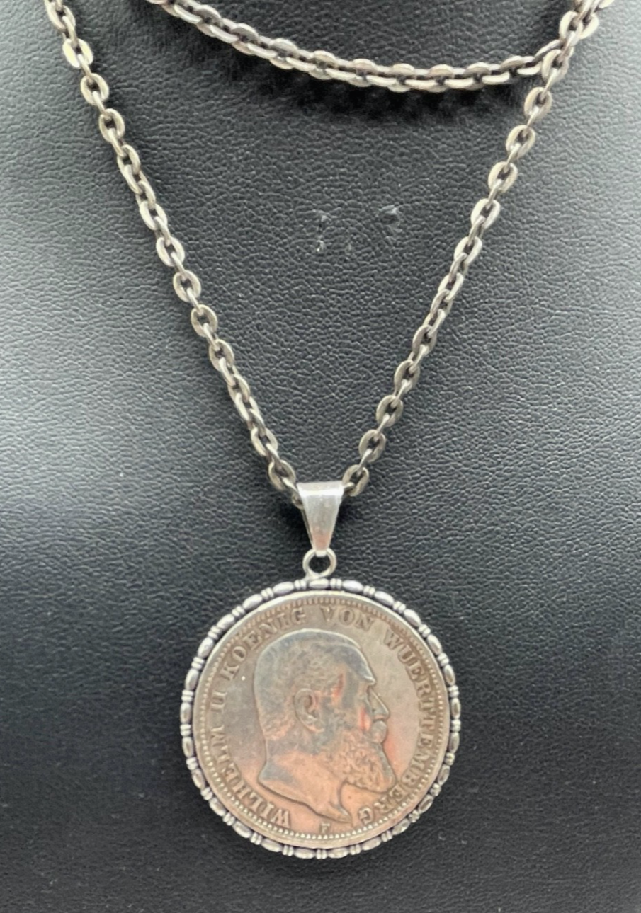 Antik Münzanhänger Silber Deutsches Reich Drei Mark 1909 Wilhelm II Silberkette2