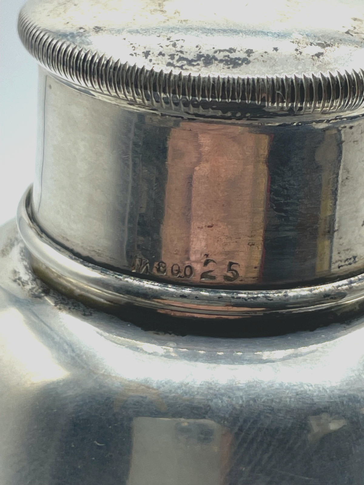 Antik Cocktail Shaker Kristallglas 800er Silber Rand und Deckel Topzustand6