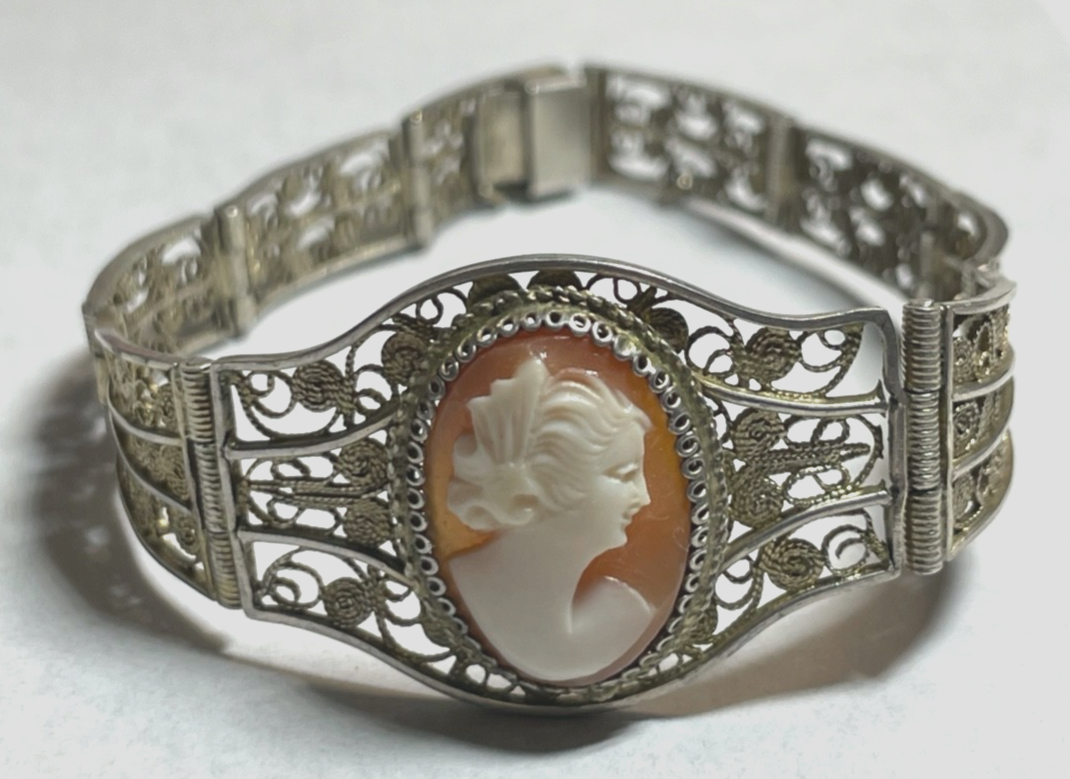 Antik 900 Silber FiligransilberArmband mit Muschel Gemme Cameo 20er J L 18 cm2