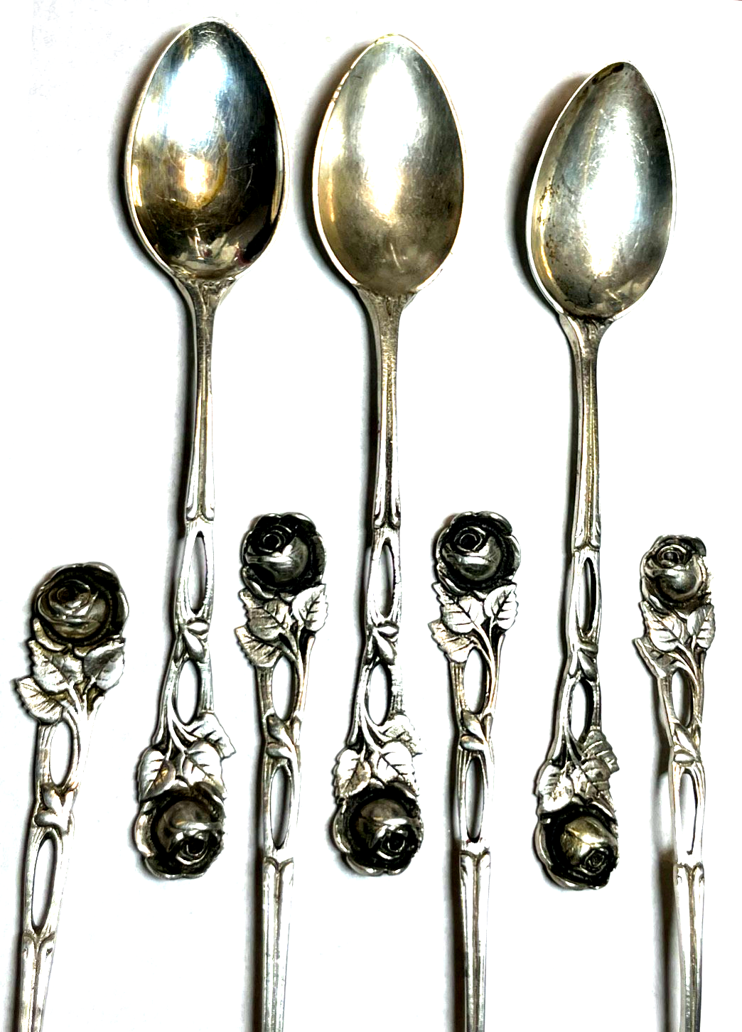 6 antik 800 Silber Löffel + 1 Zuckerlöffel Rosen Dekor Hildesheimer Rose3