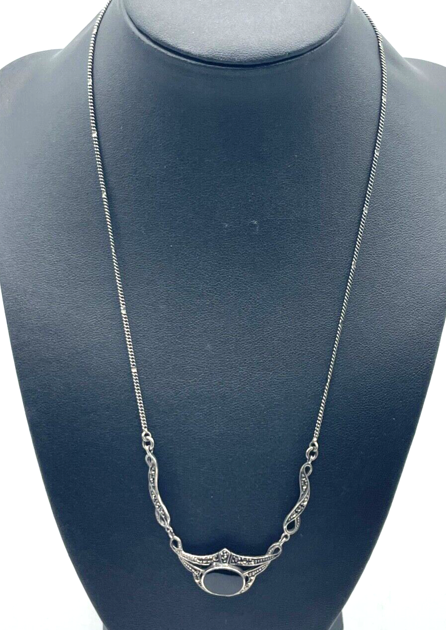 925 Sterling Silber Kette Collier Onyx Markasit im Antikstil Handarbeit apart0