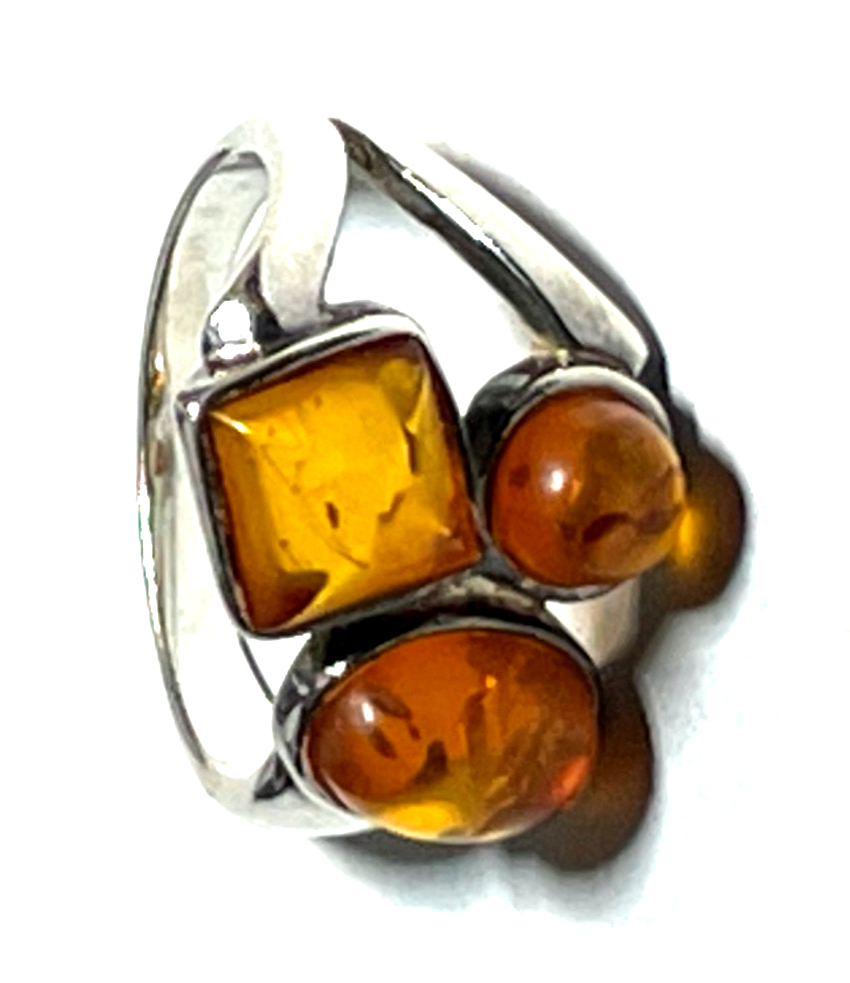 Aparter 925 Silber Ring 3 x Bernstein Cabochon RG 51 Ø 16,2 mm gepflegt7