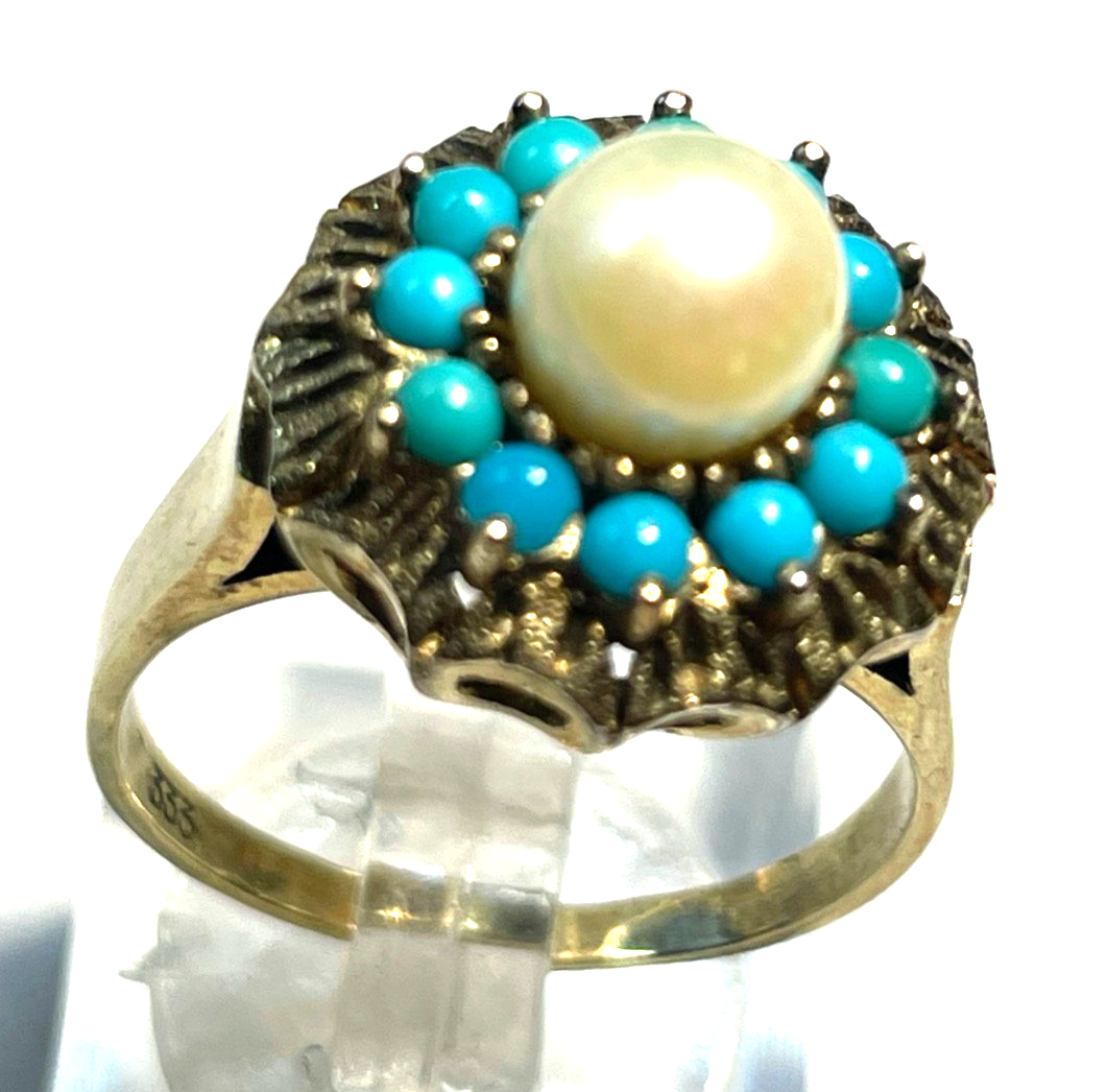 Vintage Design 333 Gold 8 K Ring Akoya Perle + Türkis Ø 18,4 mm RG 58 Juwelier1