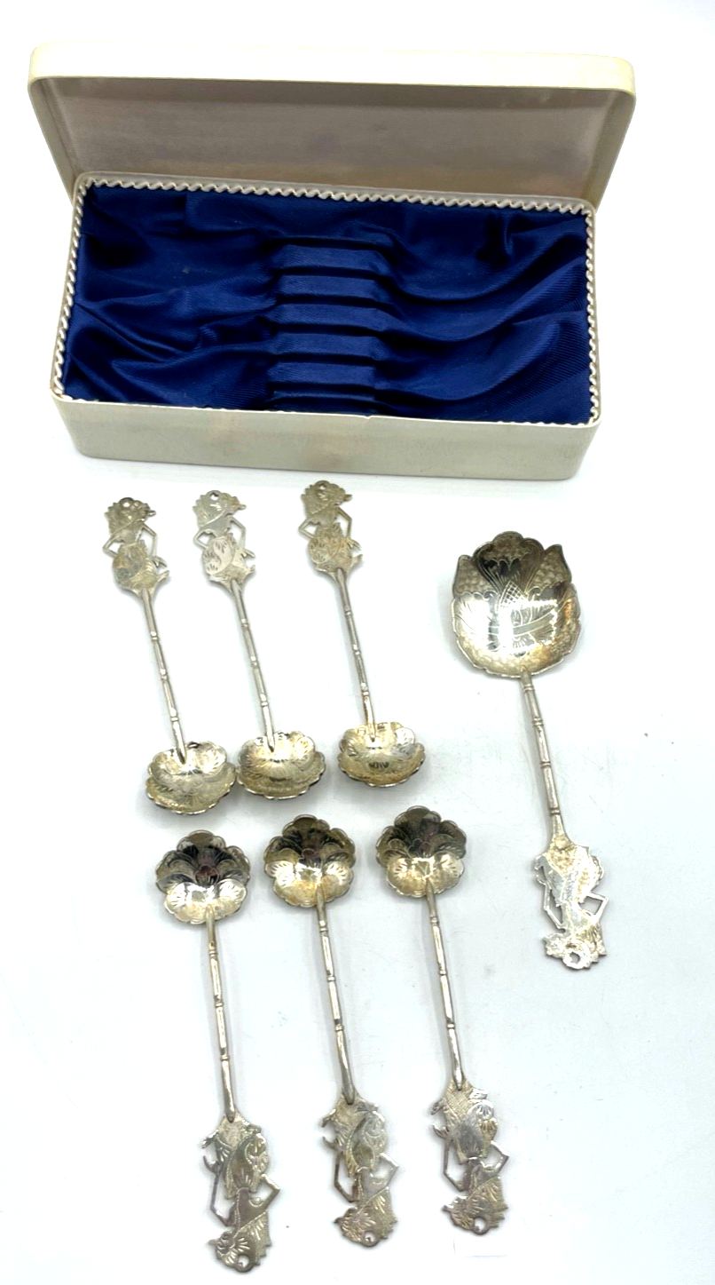 Vintage Indonesien 700 Silber Wayang Löffel Set 7 Stück. unbenutzt in Box 112 Gr0