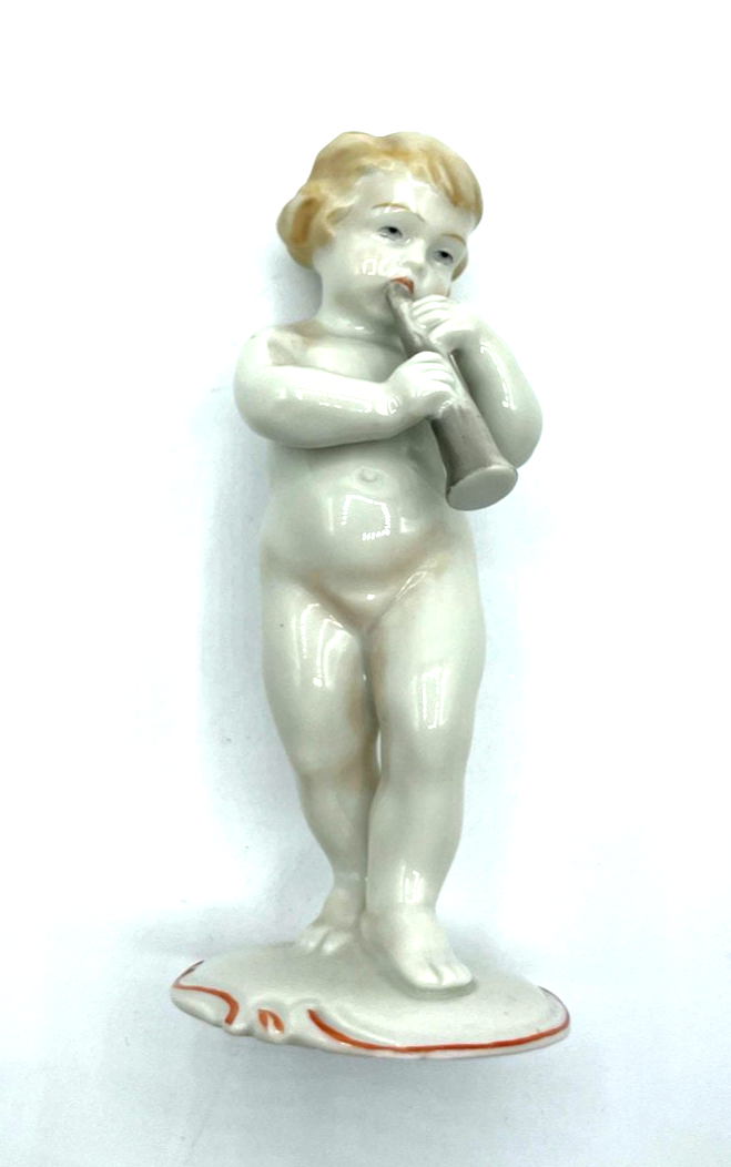 Antik Metzler & Ortloff Porzellan Figur Nackedei mit Flöte 20er J  Putte H 12 cm7