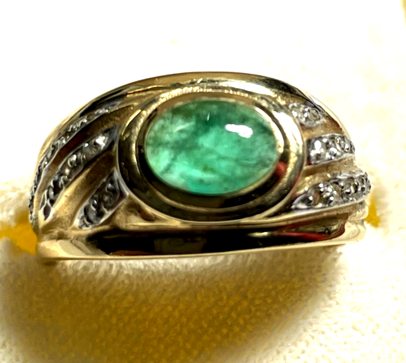 585 Gold 14 K Ring mit Smaragd Cabochon + Brillanten RG 58 Ø 18,5 mm sehr gepfl.1