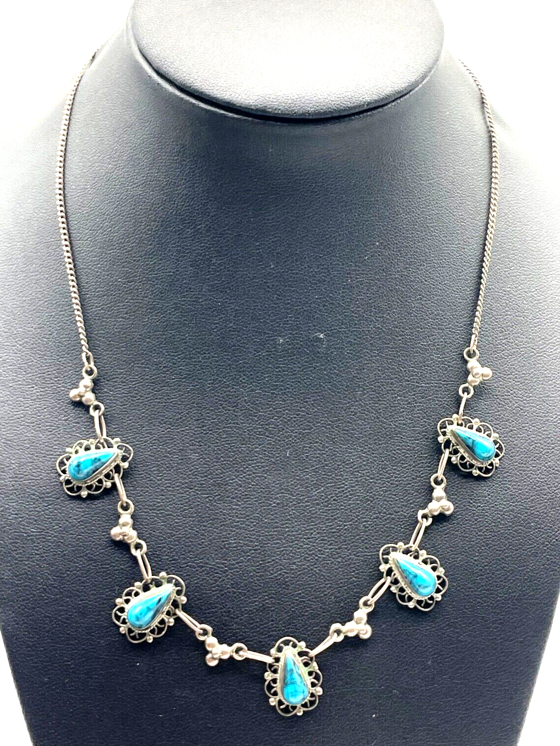 925 Sterling Silber Kette Collier mit 5x Türkis Mexiko Handarbeit sehr apart0