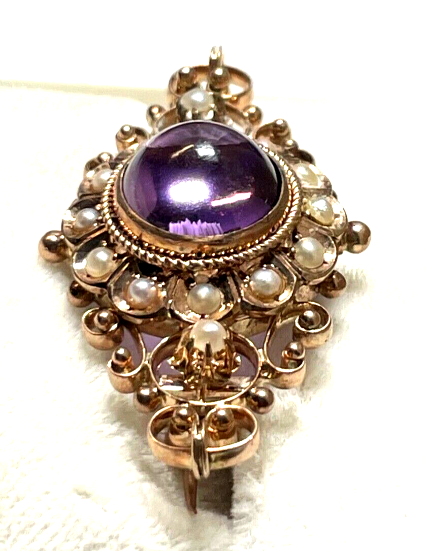 Antik 8 K Gold 333 Brosche Amethyst Cabochon Orientperlen Historismus Saatperlen12