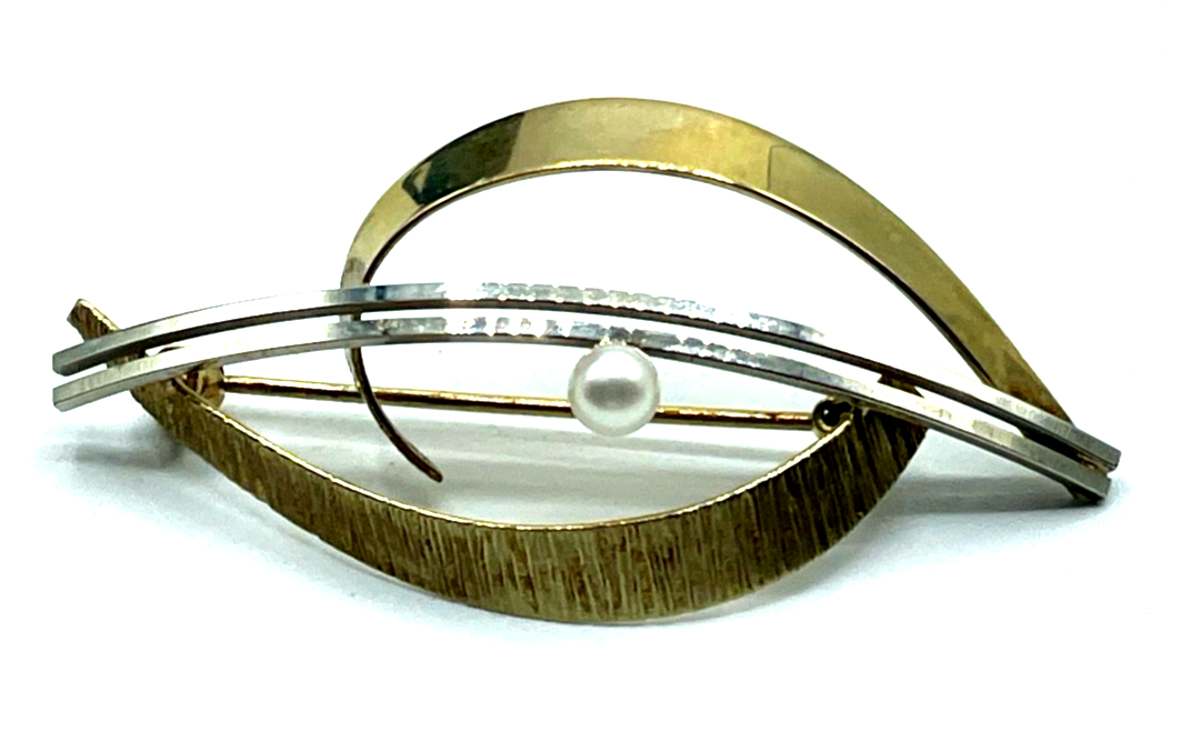 Vintage Teka 333 Gold 8 K Gold Bicolor Brosche Anstecknadel mit Akoya Perle0
