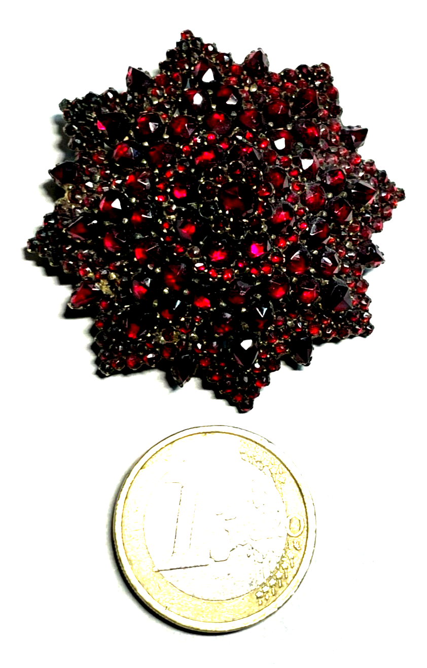 Antik attraktive Granat Brosche vor 1900 Silber vergoldet Ø 45 mm ungereinigt9