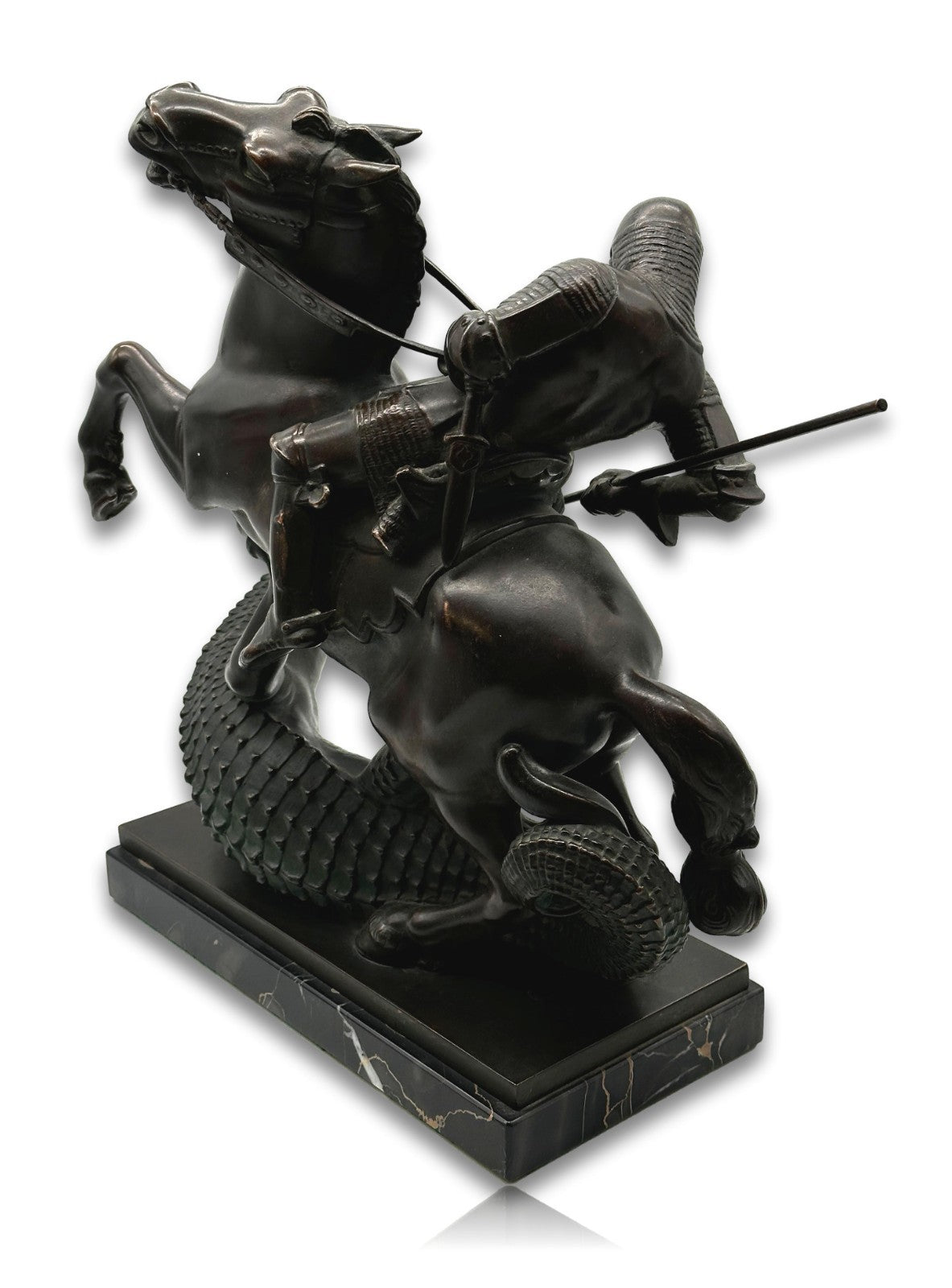 Große Bronze Skulptur - Hl. Georg tötet Drachen - um 1930 - auf Marmorsockel4