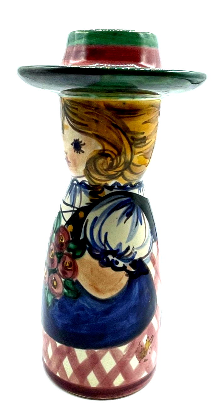 Vintage Art Pottery Kerzenhalter Leuchter Frau in Tracht Handbemalt H 21 cm5