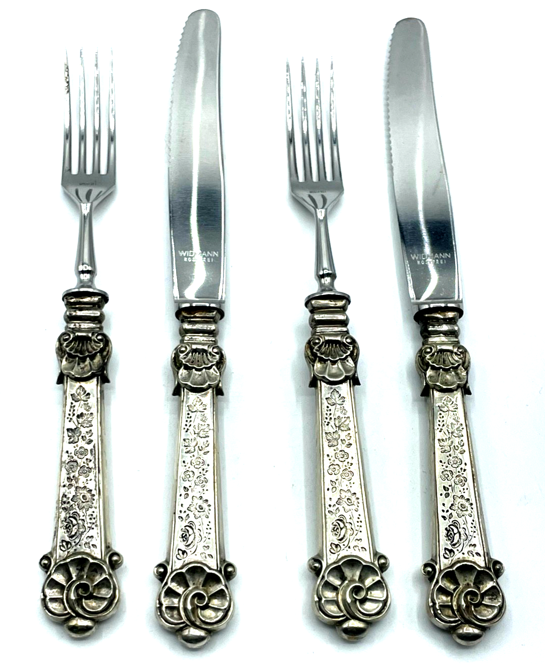 Antik 2 Gabel + 2 Messer mit Silber Griff wunderschönes Renaissance Dekor gepfl.0