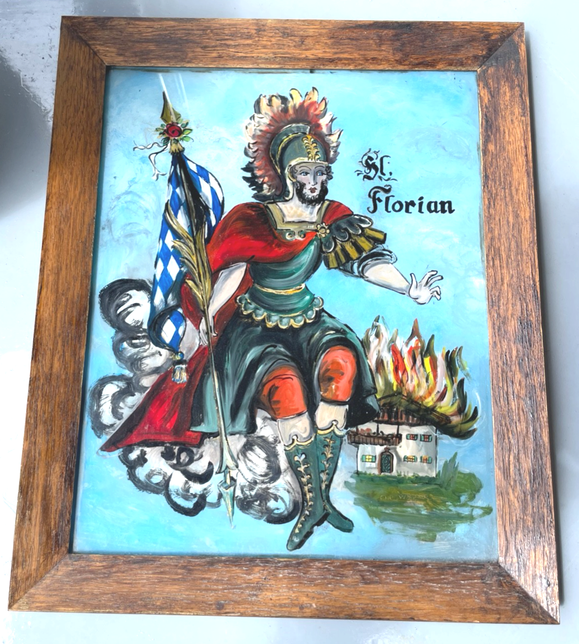 Große Hinterglasmalerei Hinterglasbild Schutzpatron Hl. Florian gerahmt H 36 cm6