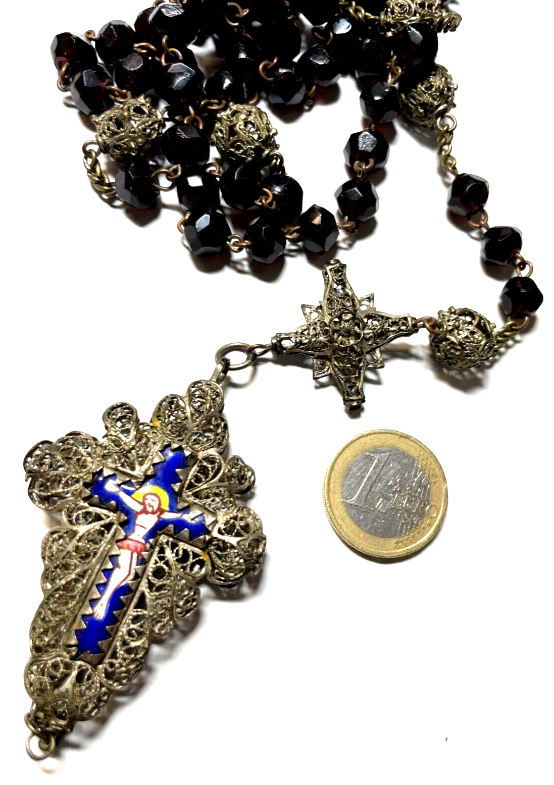 Antik Biedermeier Rosenkranz Filigran + Emaille Granat Perlen teilweise Silber7