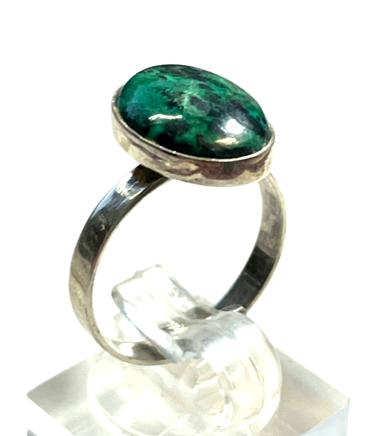 Solider 925 Silber Ring Chrysokoll Cabochon Besatz Handarbeit Ø 17 mm RG 541