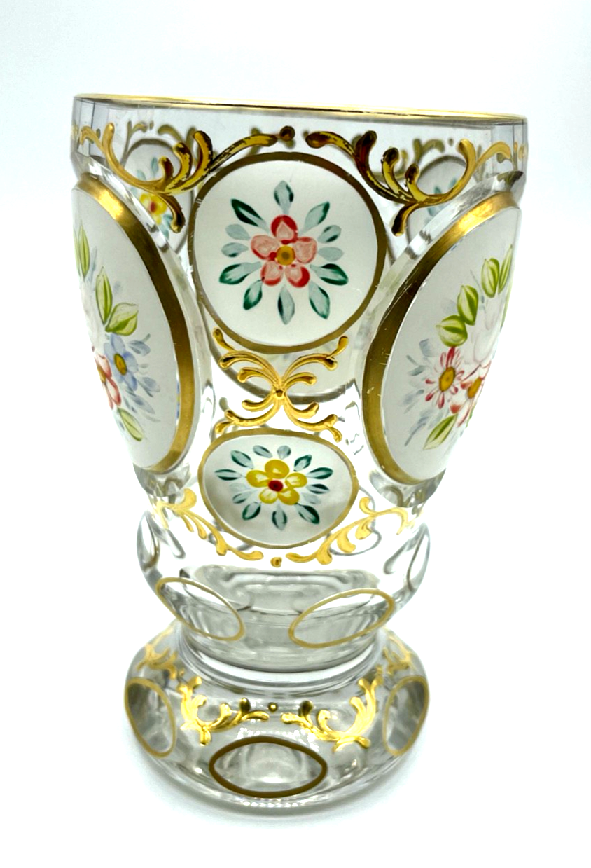 Antik Pokal Glas Becher handbemalt Ranftbecher Blumen Gold Dekor2