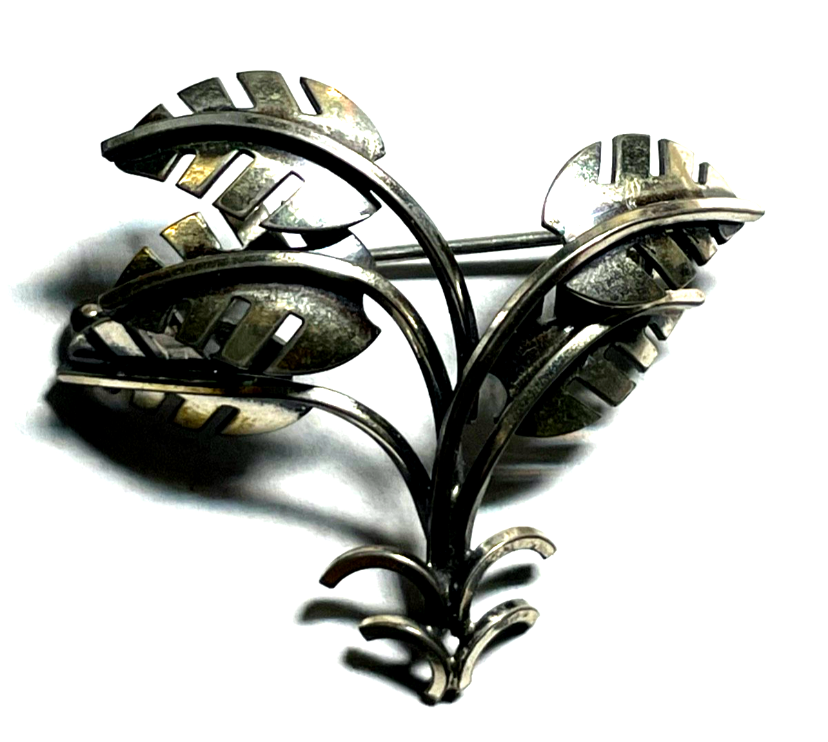 Vintage 835 Silber K&L Brosche Handarbeit Palm Blätter Design 70erJ Modernist0