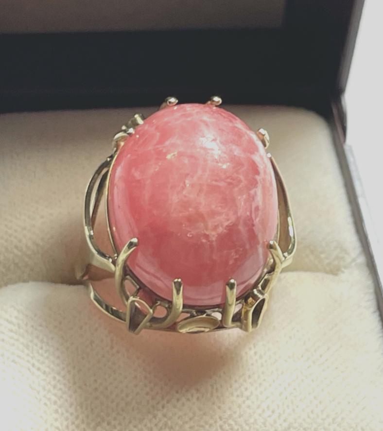 Vintage 333 Gold 8 K Ring gr. Rhodochrosit Cabochon Ø 17 mm RG 54 Juwelier0