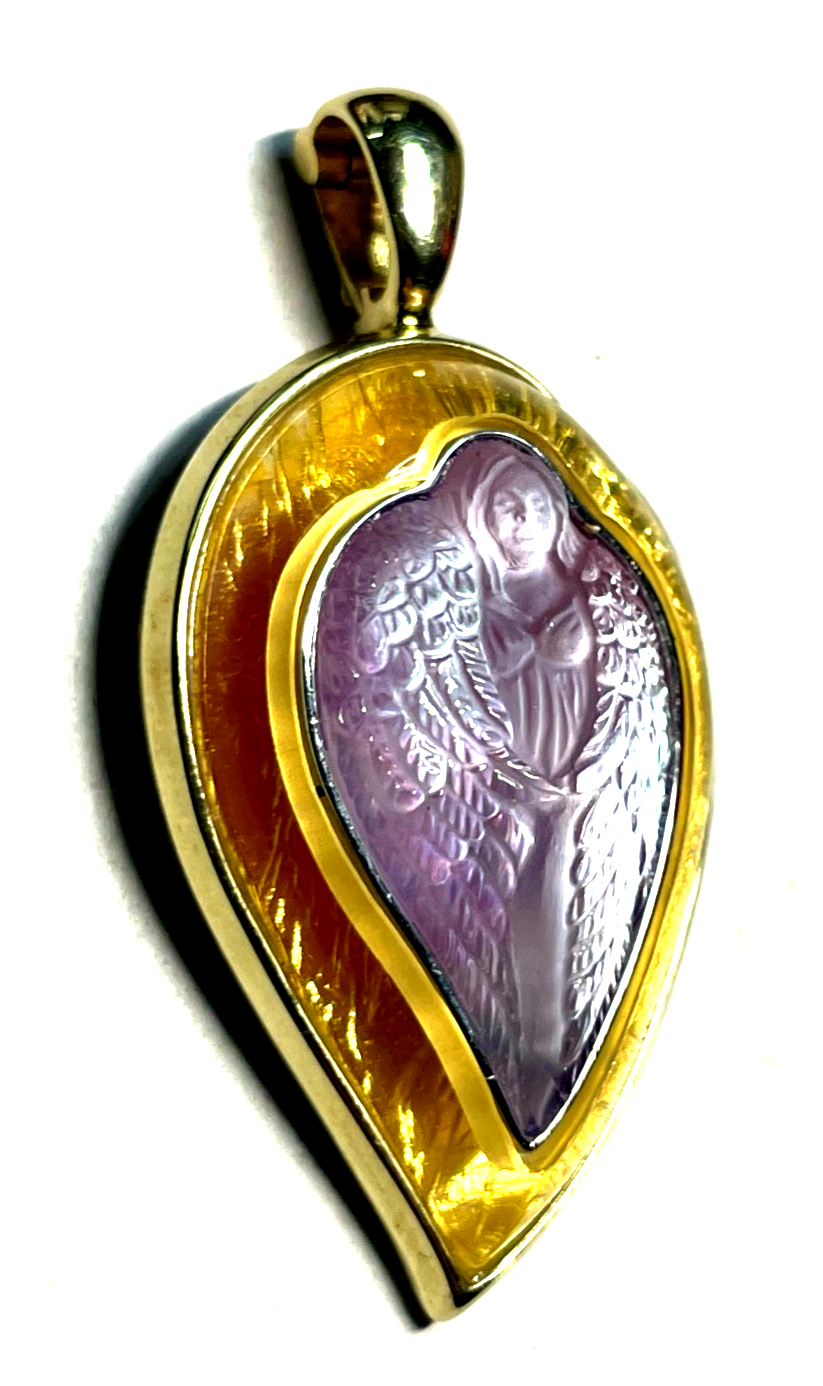 Massiver 585 Gold 14 K Clip Anhänger Bergkristall Cameo Schutzengel Juwelier1
