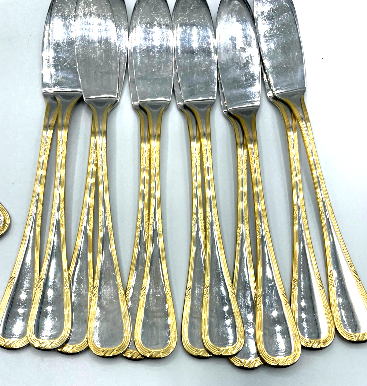 Vintage Kreuzband Edelstahl Gold Fischbesteck 12 Personen 26 Teile Vorleger1