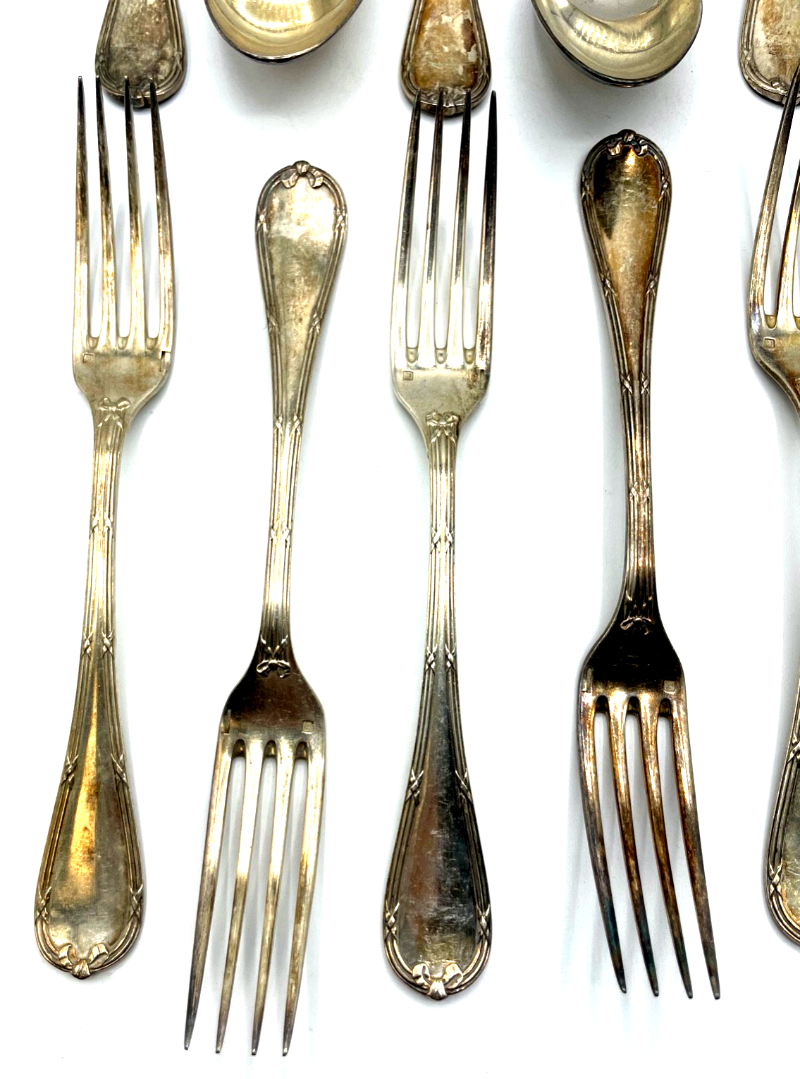 Antik Christofle 6 Gabeln 6 Löffel Rubans Kreuzband Muster versilbert rar1