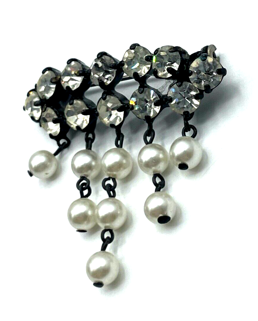 Strass Brosche Schwarz Transparent Kristall + Faux Perlen Abhängung 30er Jahre4