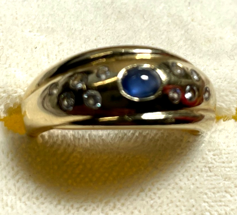 585 Gold 14 K Ring mit Saphir Cabochon + 10 Brillanten RG 52 Ø16,6 mm sehr gepfl2