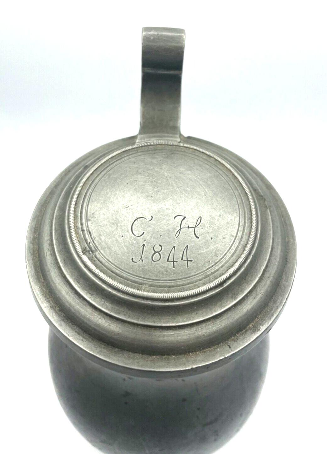 Antik riesiger Zinn Krug Deckel Gravur C. H. 1844 Weinkrug Bierkrug Handarbeit6