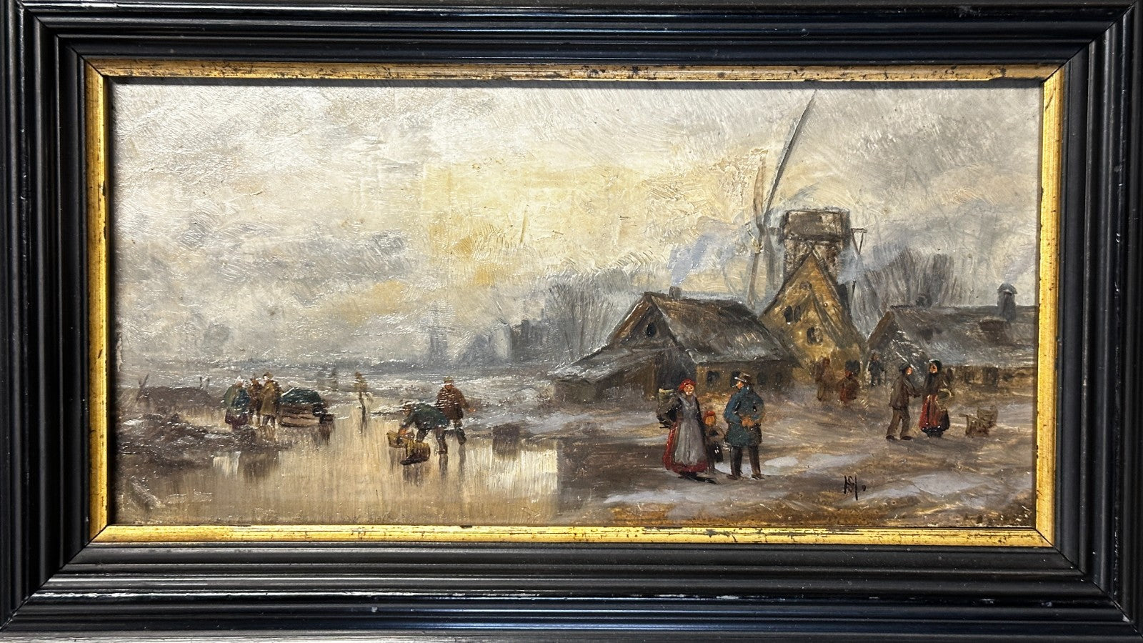 Kleines Kabinettbild – Winterliche Holland-Szene Windmühle Öl auf Holz signiert1