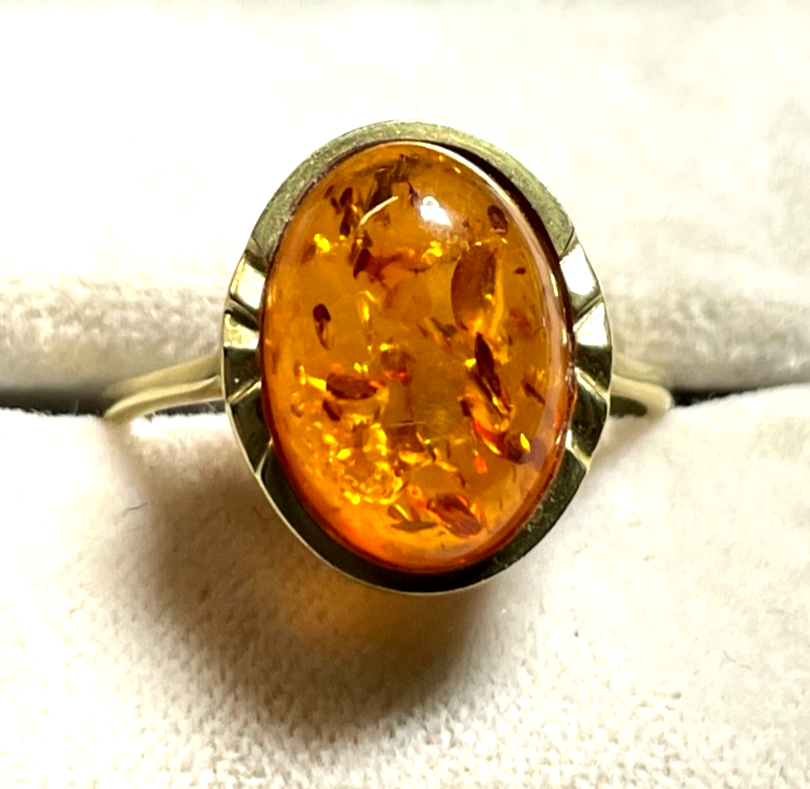Vintage wunderschöner 375 Gold 9K Ring Bernstein Cabochon Ø 19 mm RG 60 Juwelier1