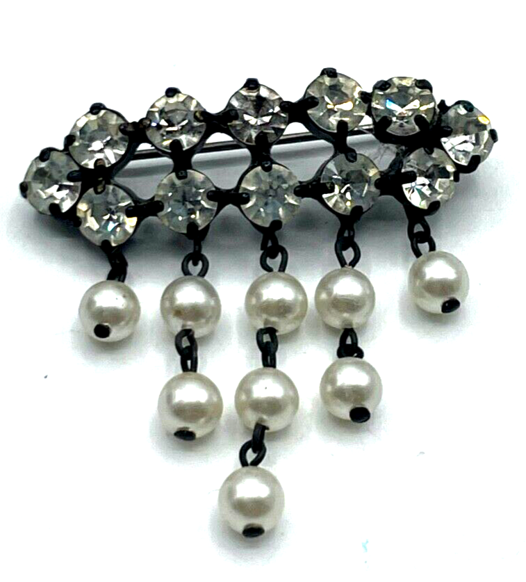 Strass Brosche Schwarz Transparent Kristall + Faux Perlen Abhängung 30er Jahre0