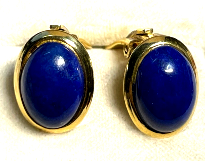 Paar elegante 925 Silber vergoldete Ohrclips Clips Lapislazuli Cabochon wie neu1